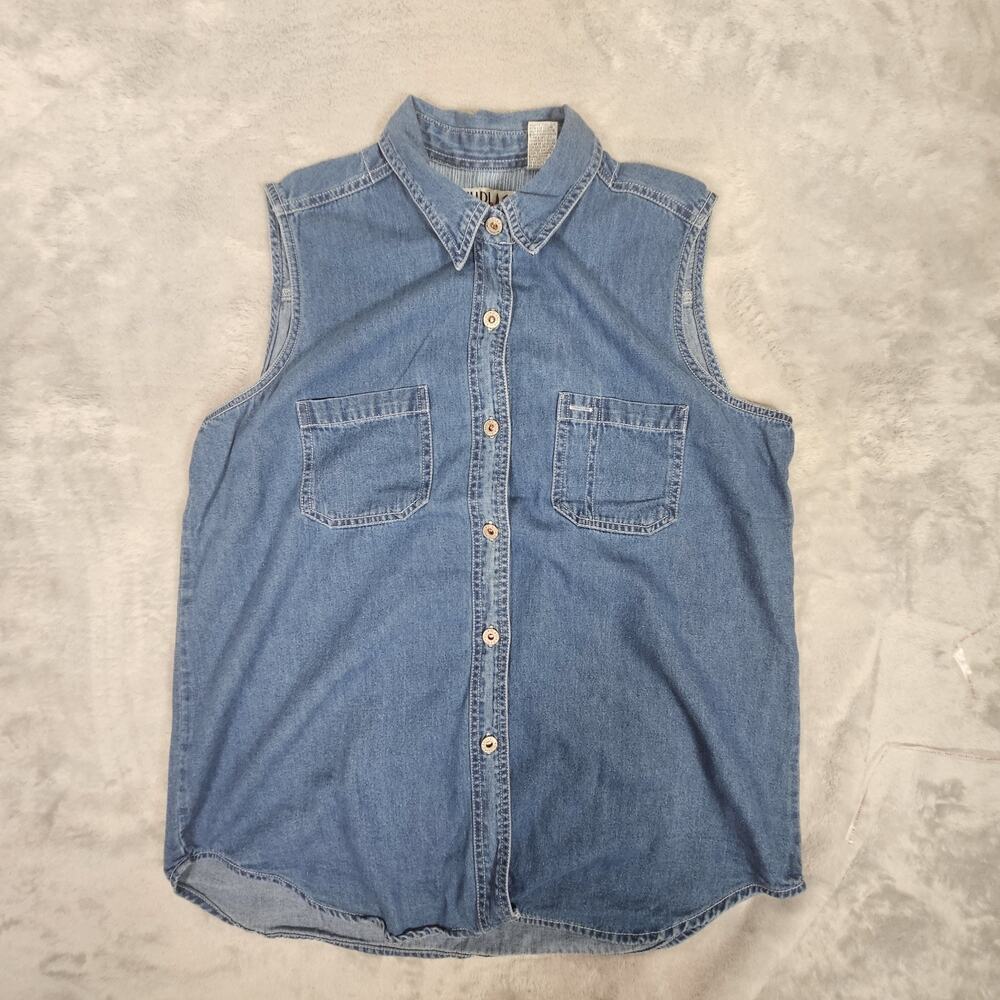 Bill Blass Denim Sleeveless Button Up Shirt Womens Large Blue Chambray